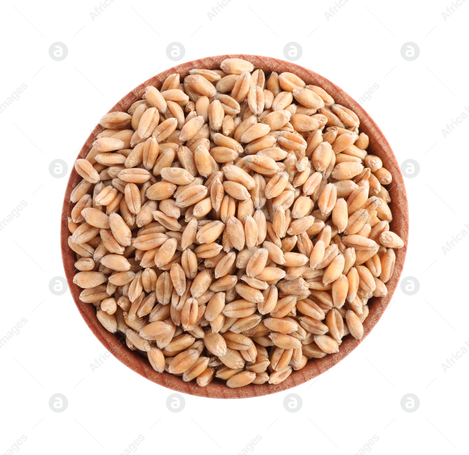 Photo of Wheat grains in wooden bowl isolated on white, top view