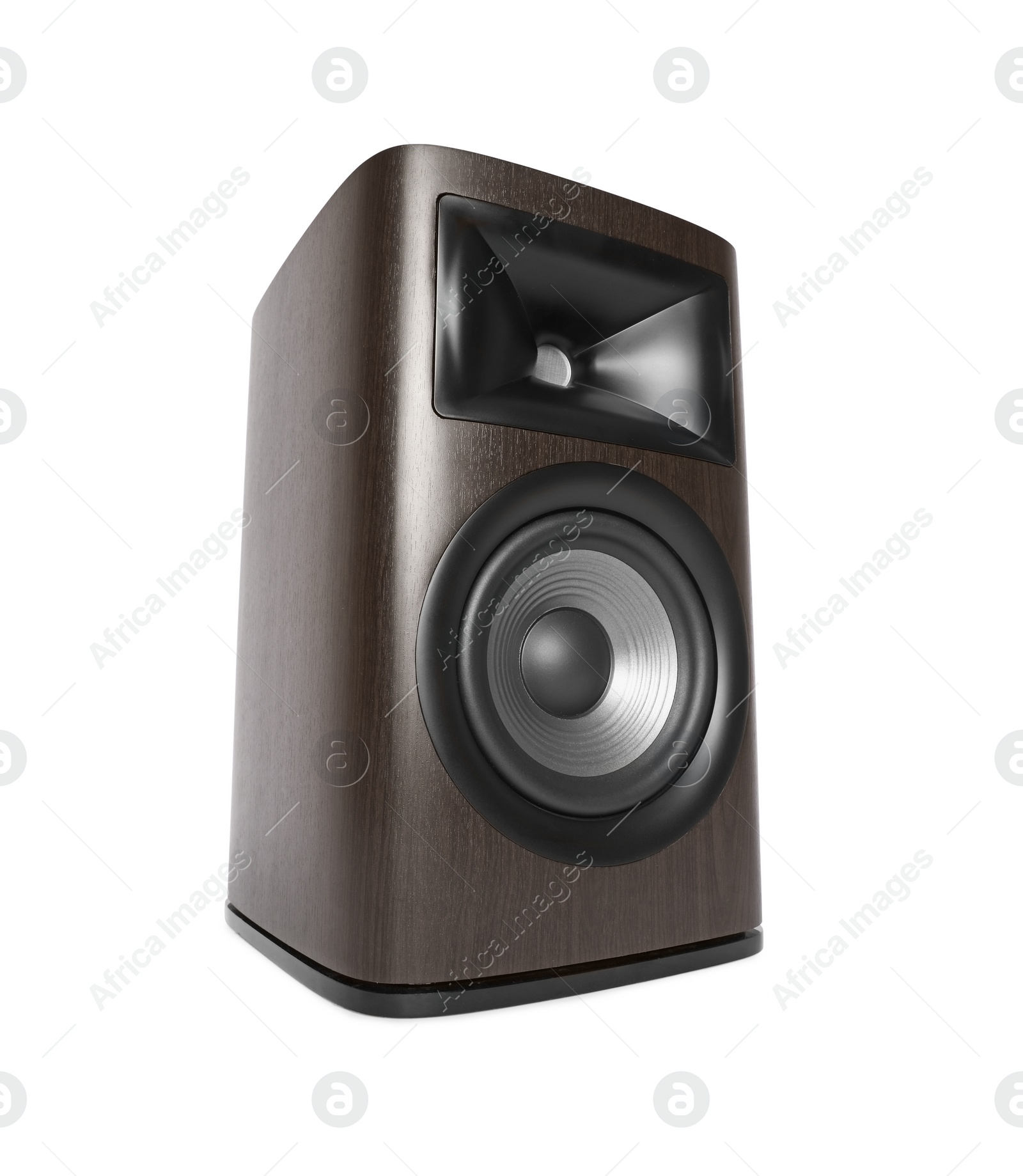 Photo of One wooden sound speaker on white background