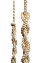 Photo of Two hemp ropes with knots isolated on white