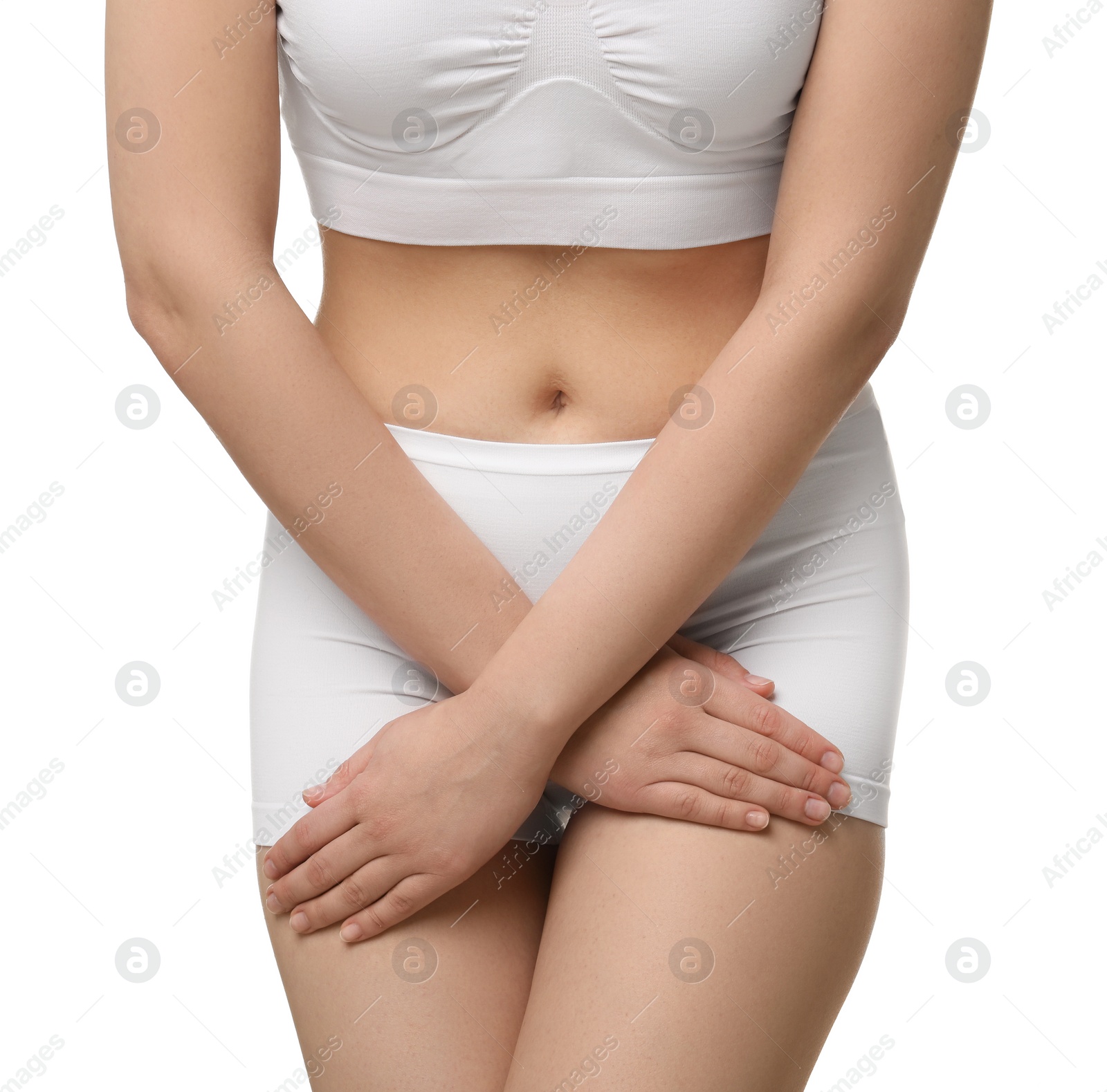 Photo of Woman suffering from cystitis on white background, closeup