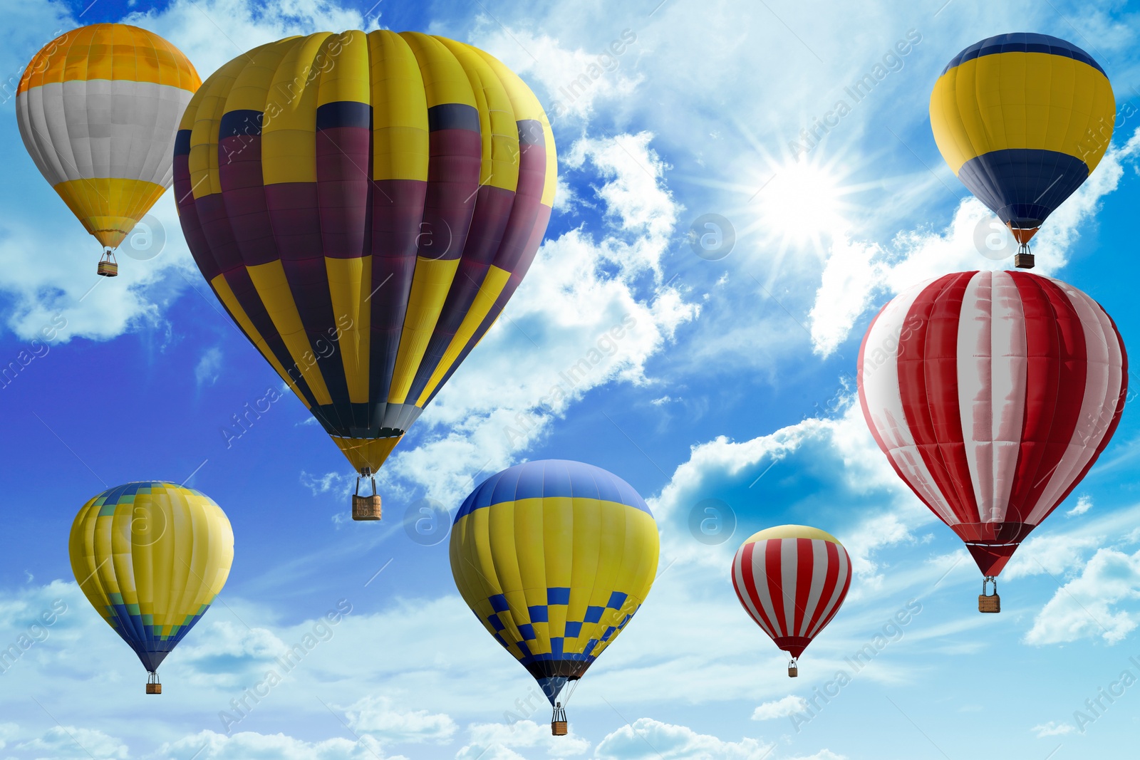 Image of Many bright hot air balloons flying in sky