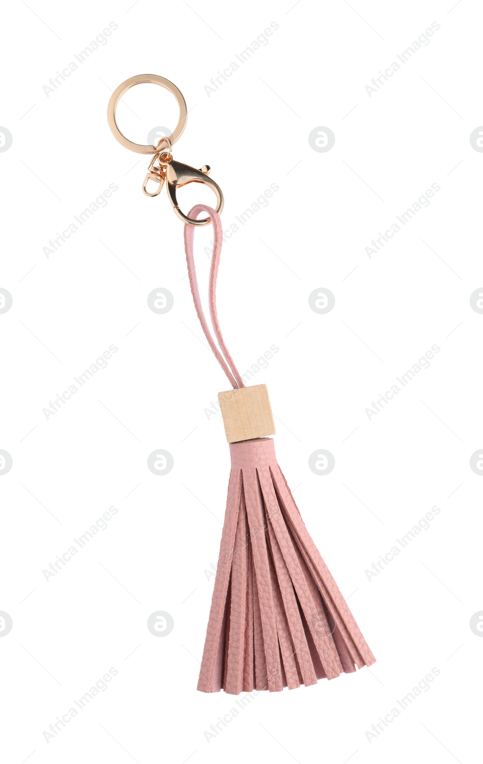 Photo of Pink leather keychain isolated on white, top view