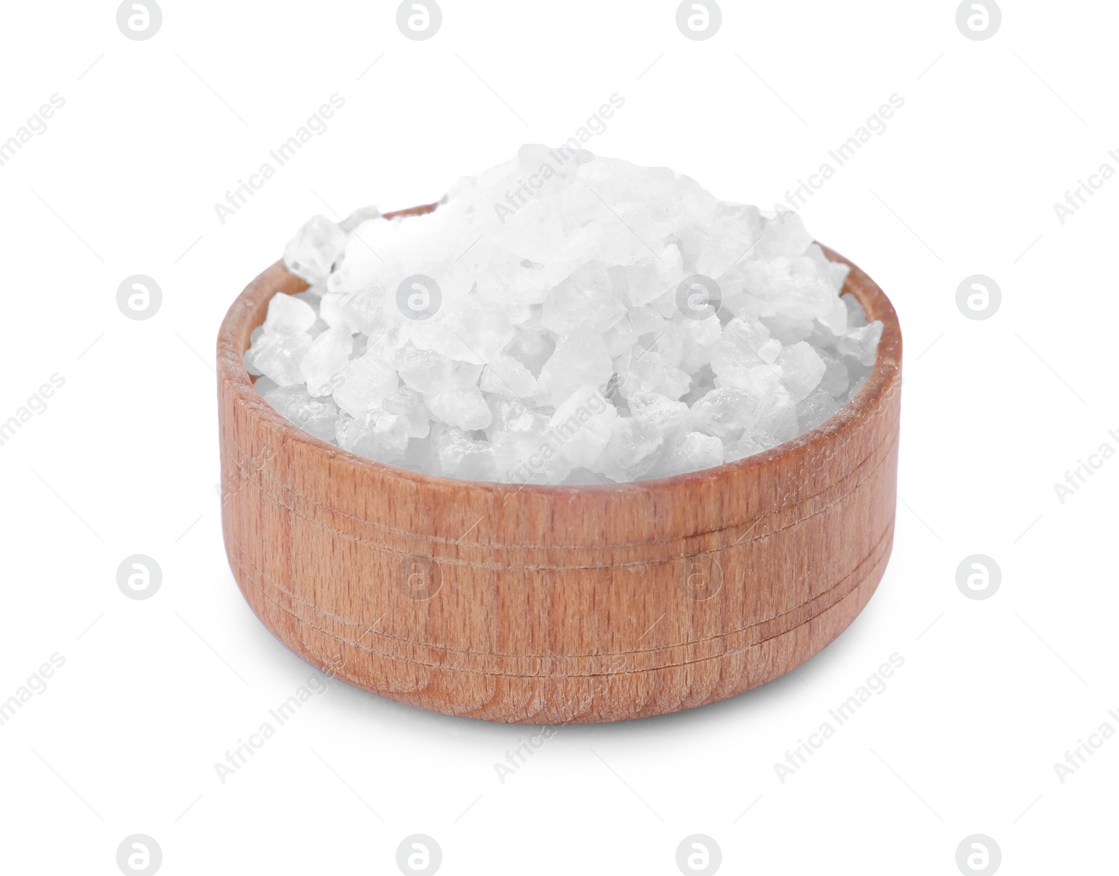 Photo of Wooden bowl with natural sea salt isolated on white