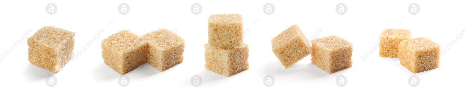 Image of Set with cubes of brown sugar on white background. Banner design
