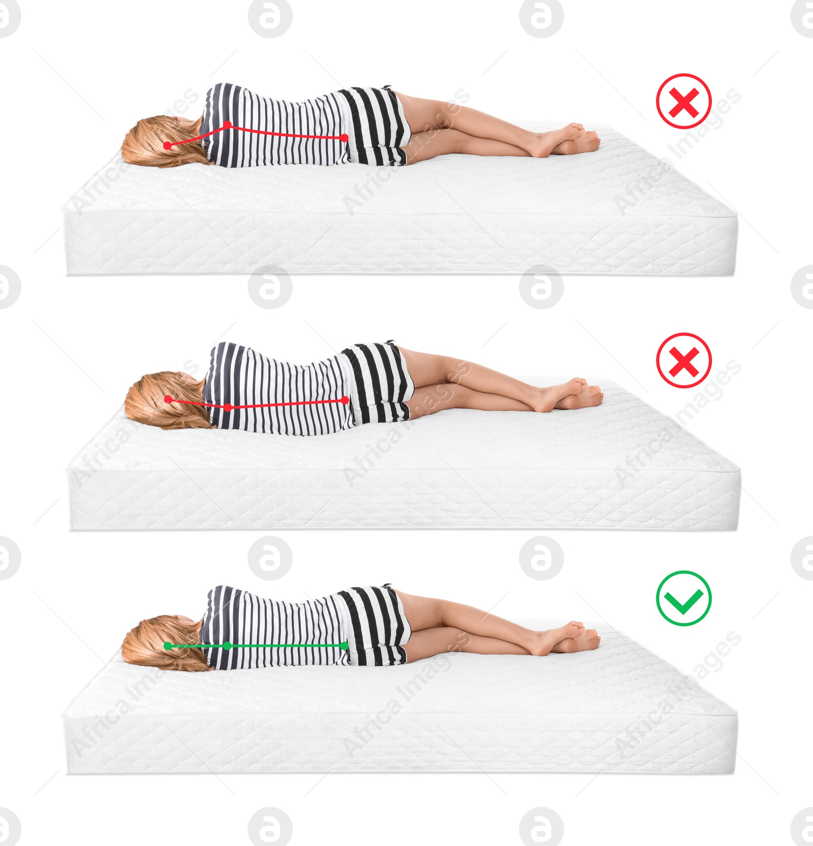 Image of Wrong and correct sleeping posture. Choose right mattress 