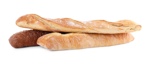 Photo of Different tasty baguettes on white background. Fresh bread