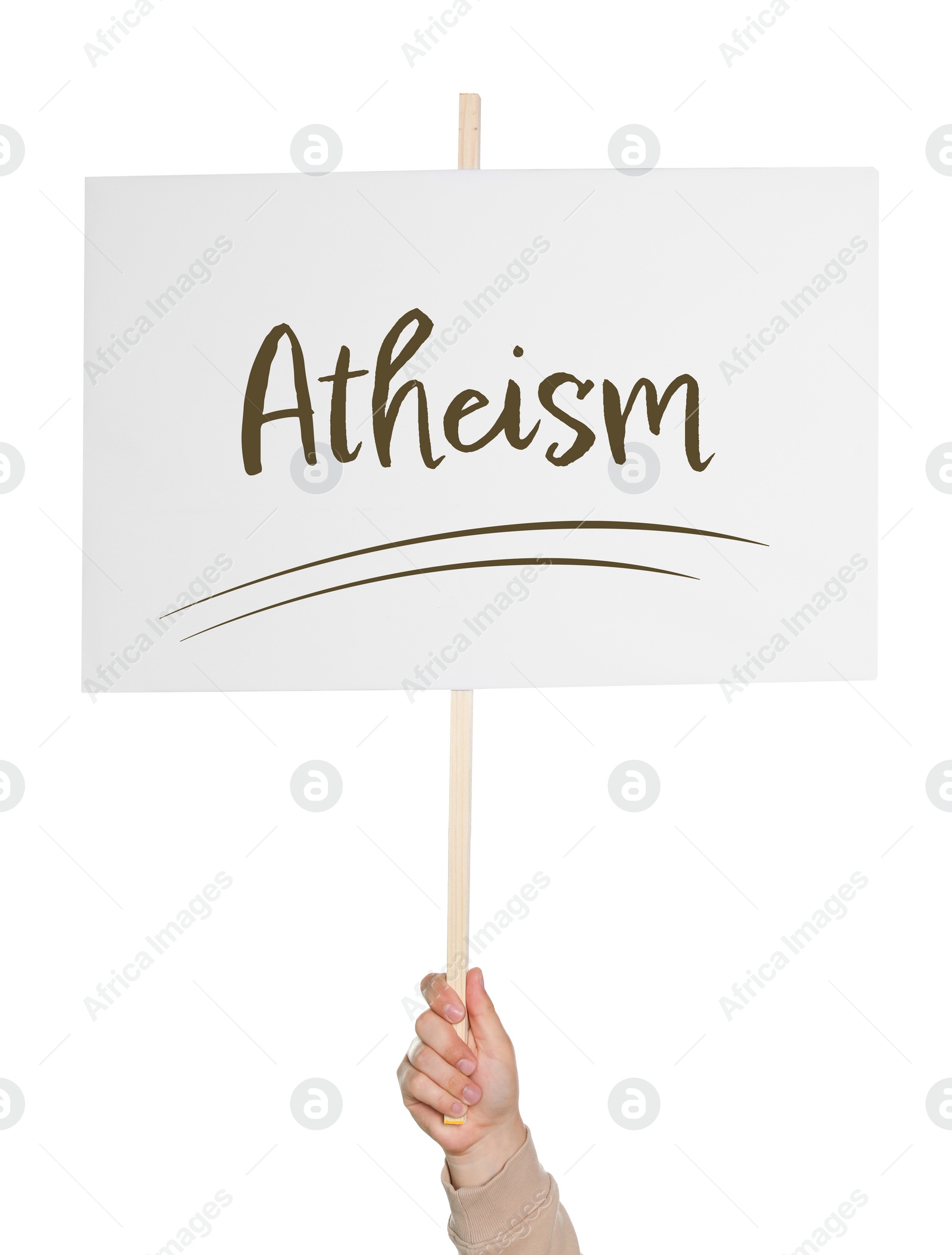 Image of Man holding sign with word Atheism on white background, closeup