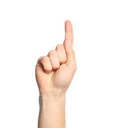 Man showing number one on white background, closeup. Sign language