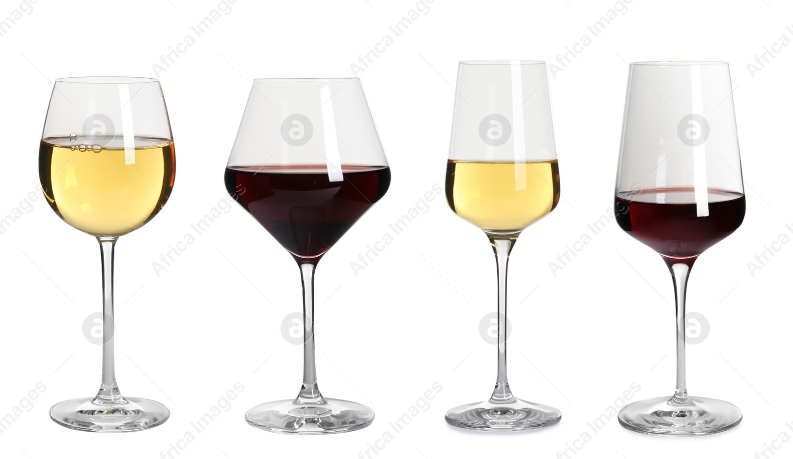 Image of Set with glasses of different delicious expensive wines on white background