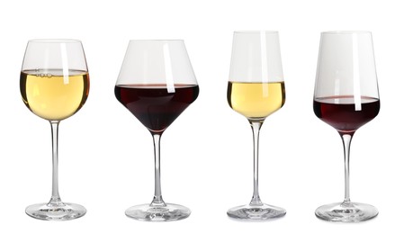 Set with glasses of different delicious expensive wines on white background