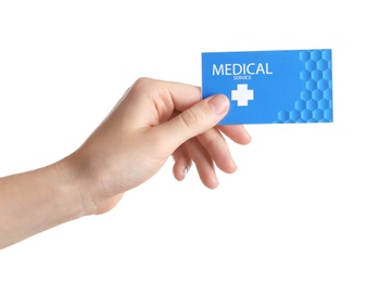 Photo of Woman holding business card isolated on white, closeup. Medical service