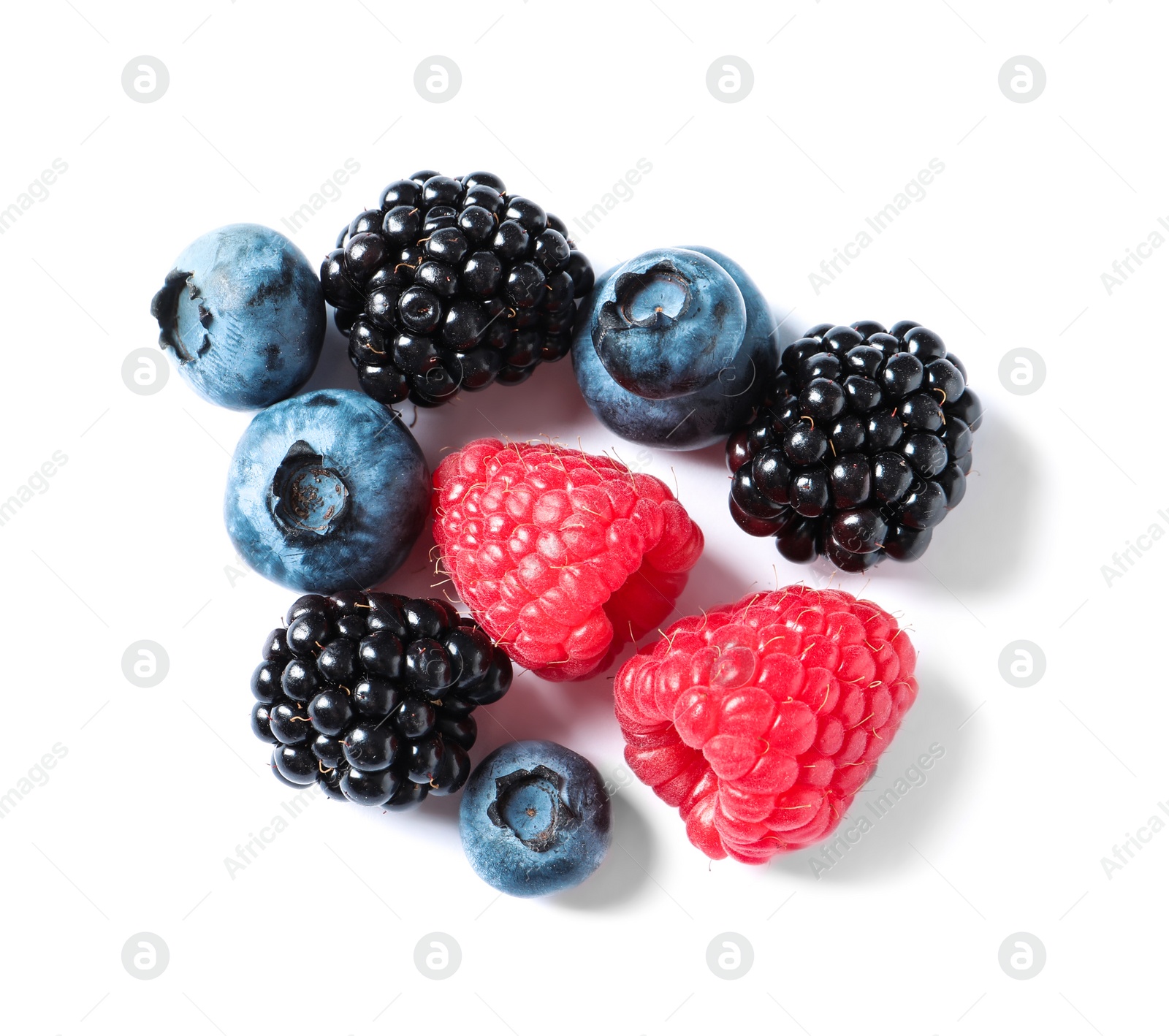 Photo of Raspberries, blackberries and blueberries on white background