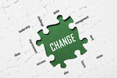 Image of Business concept. White puzzle pieces with different phrases on green  background, top view 