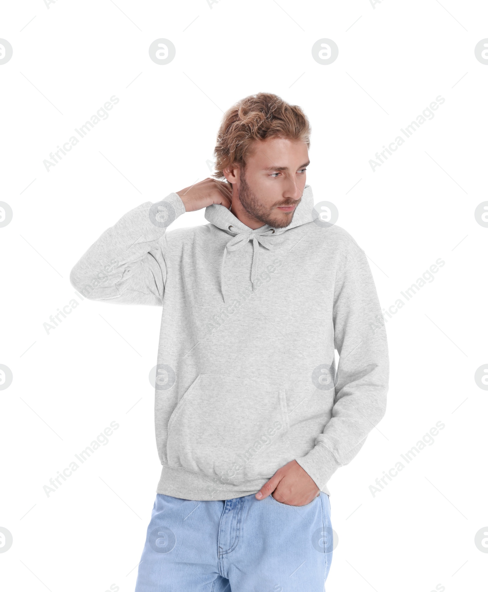 Photo of Portrait of man in hoodie sweater on white background. Space for design