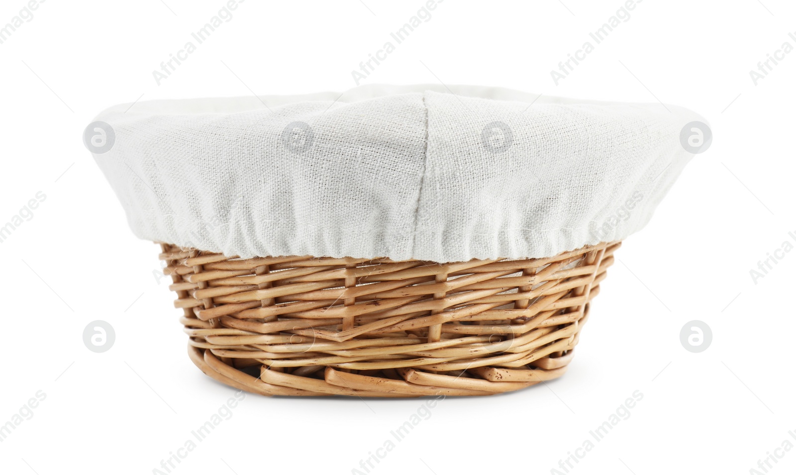 Photo of One empty wicker bread basket isolated on white