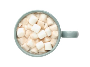 Photo of Cup of aromatic hot chocolate with marshmallows isolated on white, top view