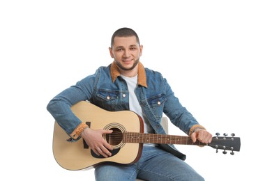 Photo of Man with guitar on white background. Music teacher