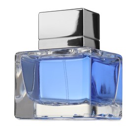 Photo of Blue men perfume in glass bottle isolated on white