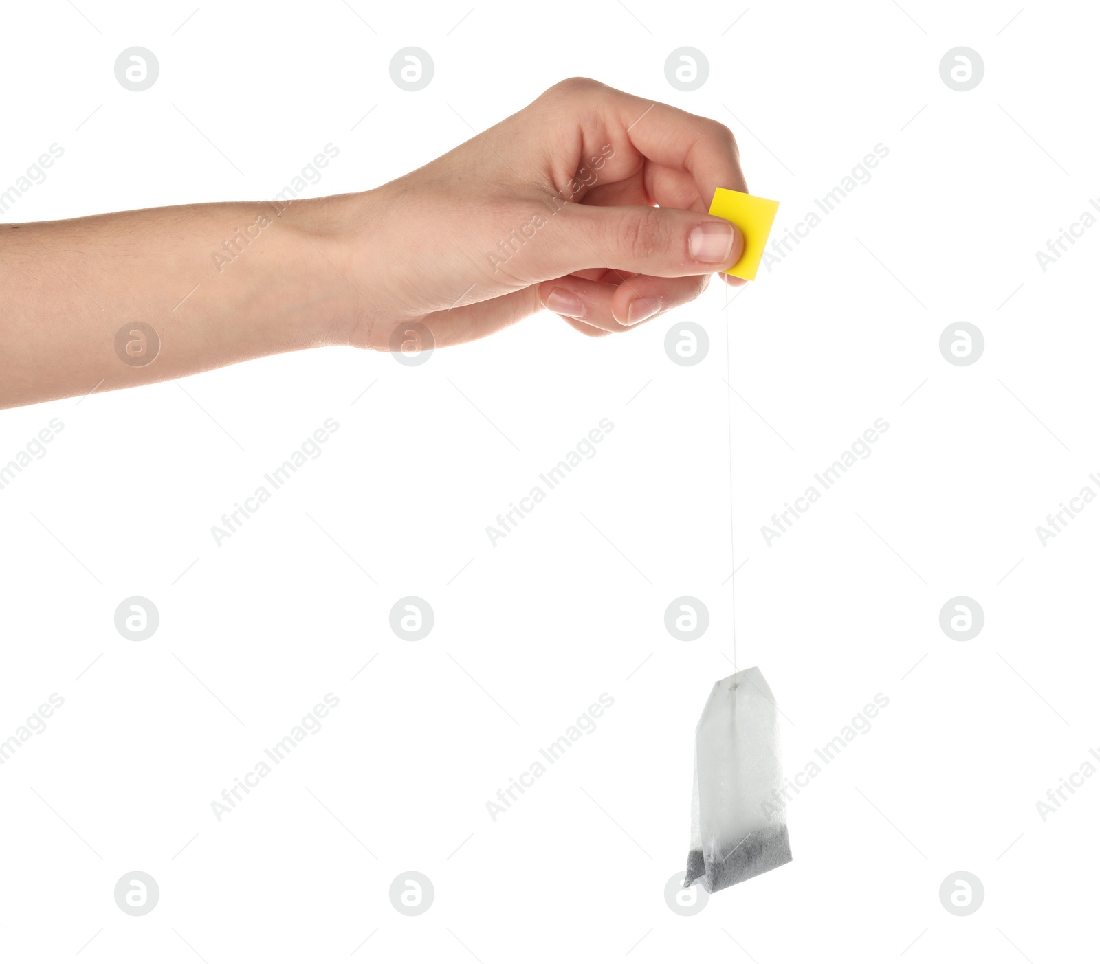 Photo of Woman holding tea bag on white background