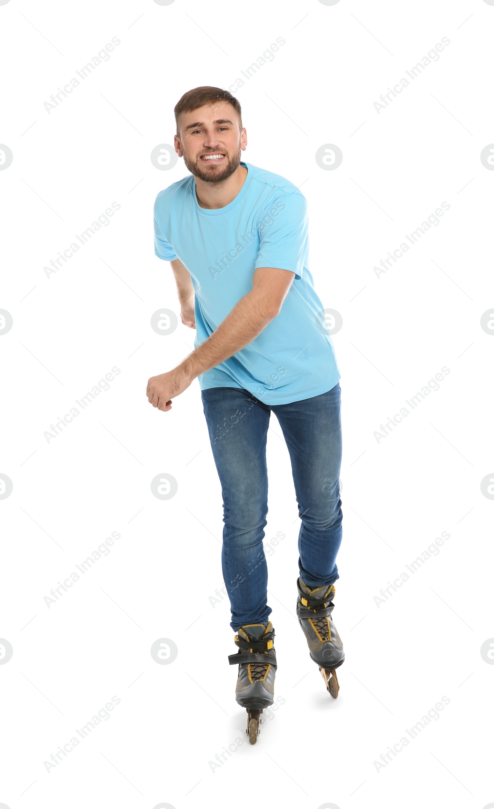 Photo of Young man with inline roller skates on white background