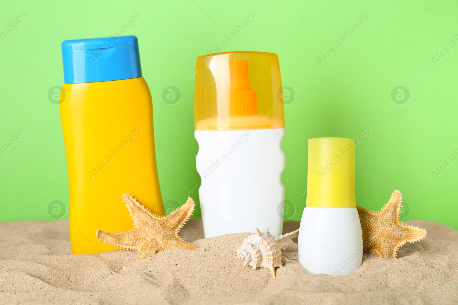Photo of Different suntan products, seashell and starfishes on sand against green background
