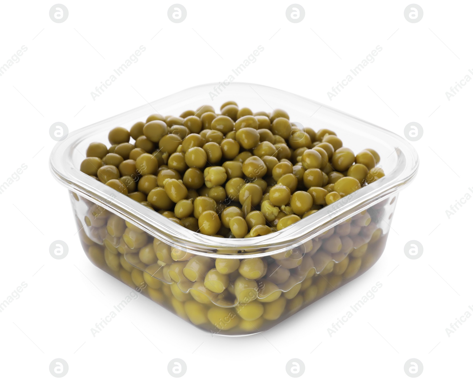 Photo of Glass container with tasty peas isolated on white