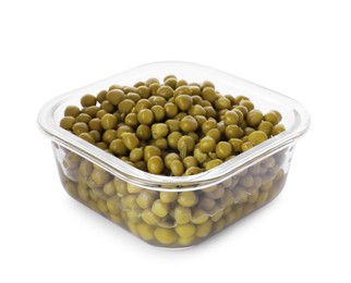 Glass container with tasty peas isolated on white