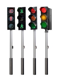Image of Different traffic lights with poles on white background, collage design
