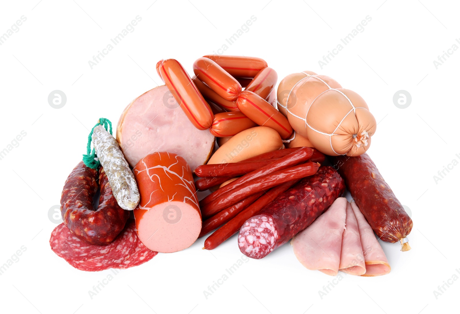 Photo of Different types of sausages isolated on white