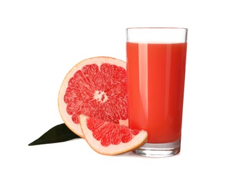 Photo of Tasty grapefruit juice in glass, fresh fruit and green leaf isolated on white
