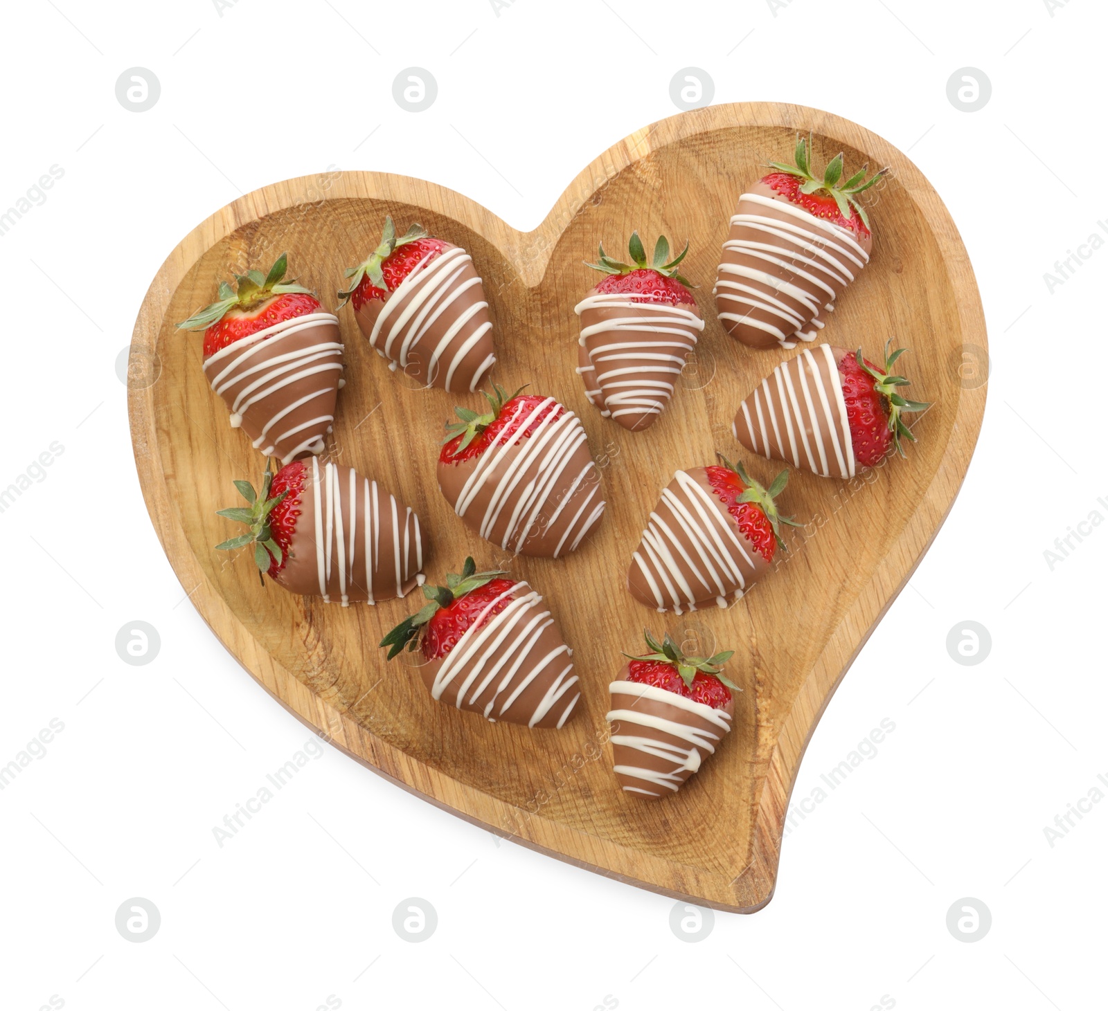 Photo of Heart shaped plate with delicious chocolate covered strawberries isolated on white, top view