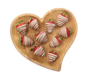 Heart shaped plate with delicious chocolate covered strawberries isolated on white, top view