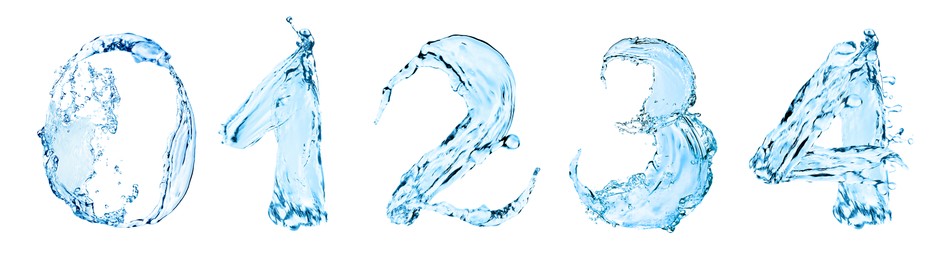 Numbers made of water on white background, collage design