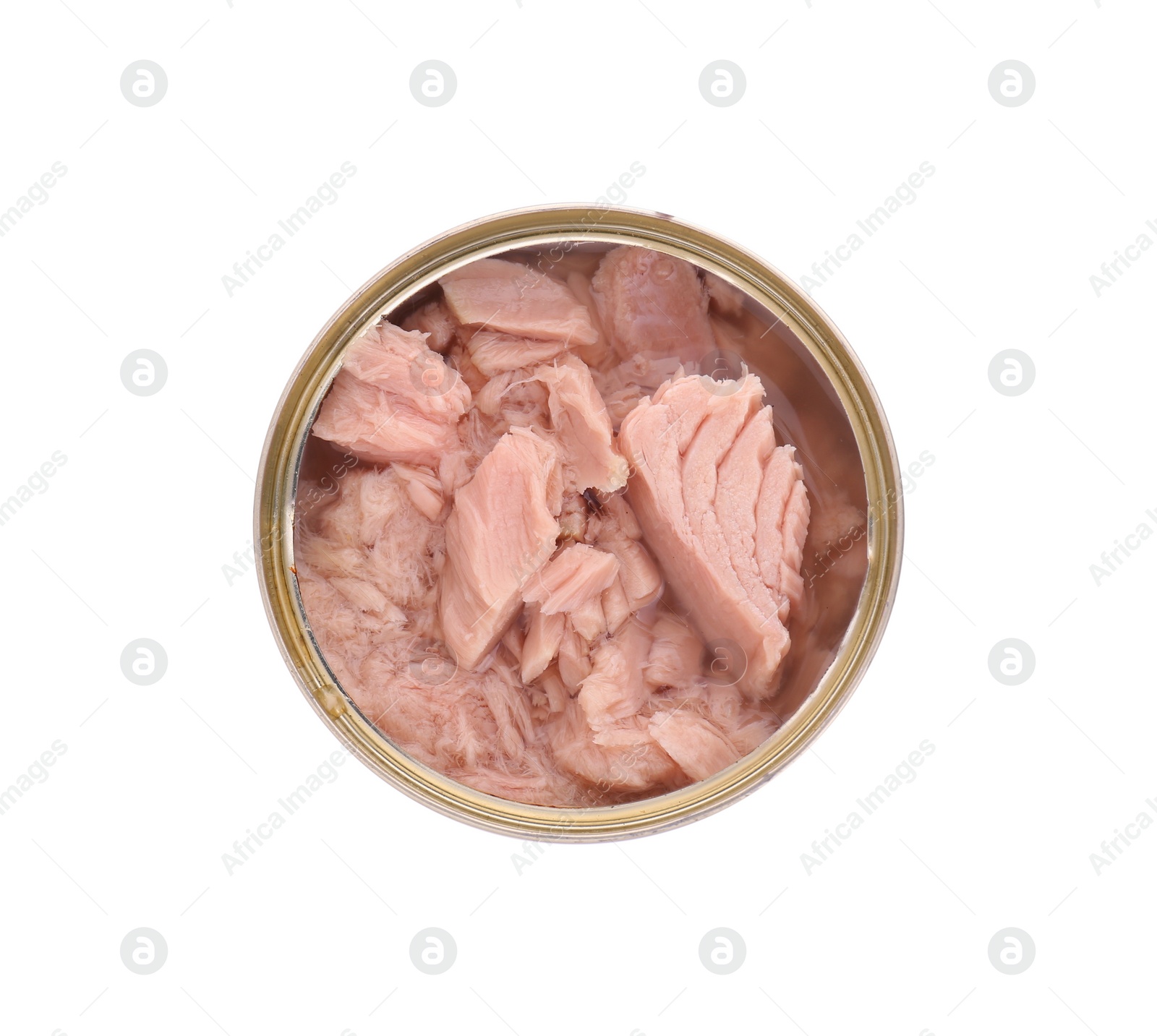 Photo of Tin can with canned tuna isolated on white, top view