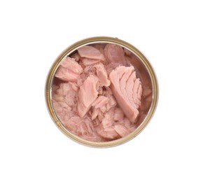 Tin can with canned tuna isolated on white, top view