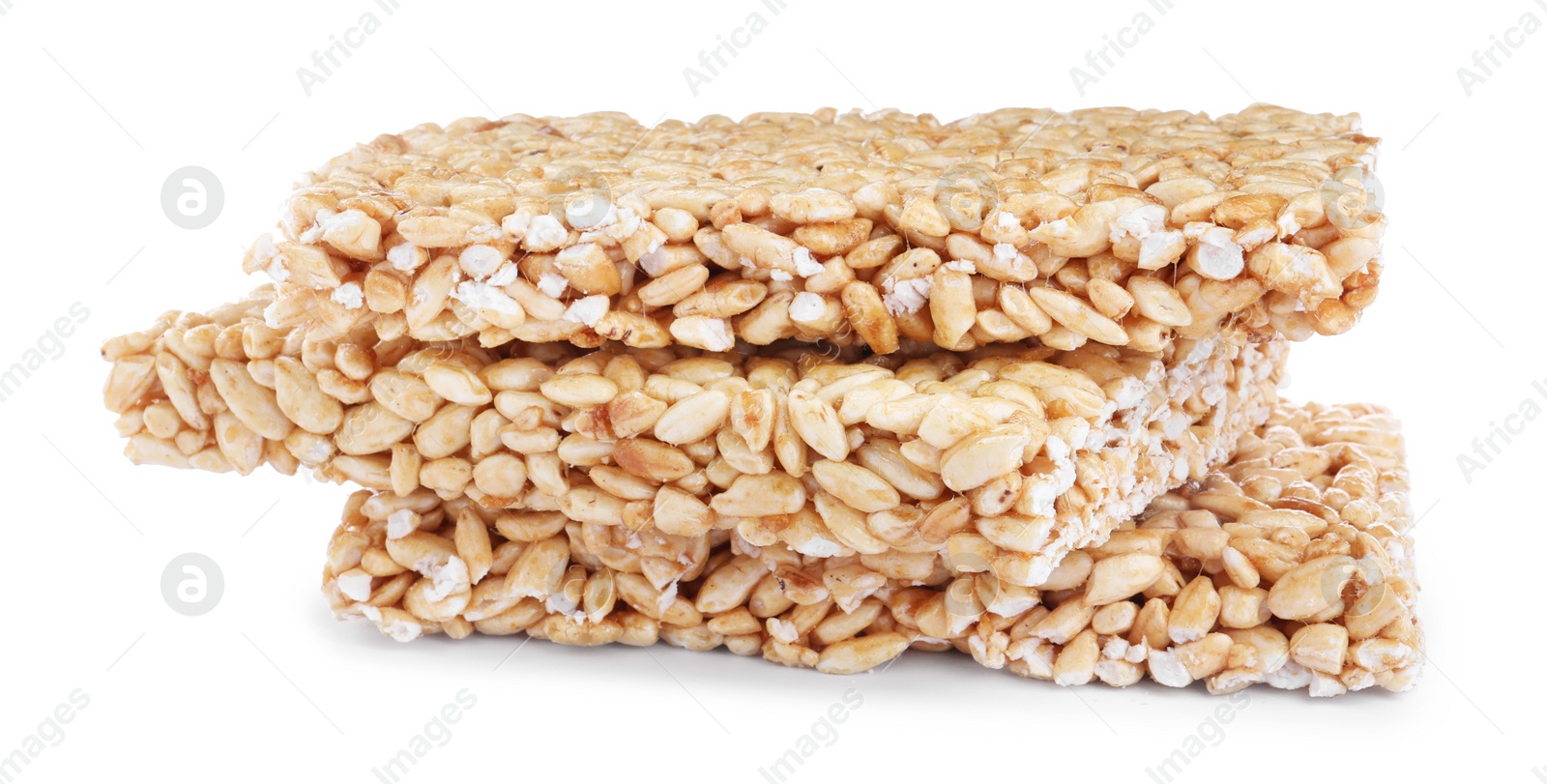 Photo of Delicious rice crispy treats on white background