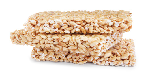 Photo of Delicious rice crispy treats on white background