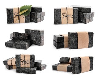 Image of Set with tar soap bars on white background