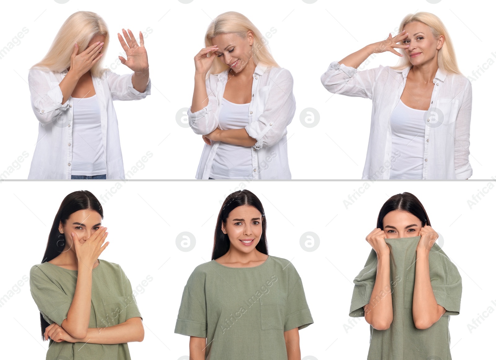 Image of Embarrassed women on white background, set with photos