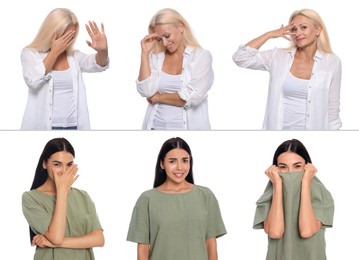 Embarrassed women on white background, set with photos