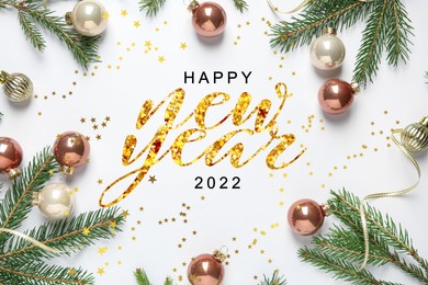 Image of Happy New Year! Flat lay composition with baubles and green branches on white background