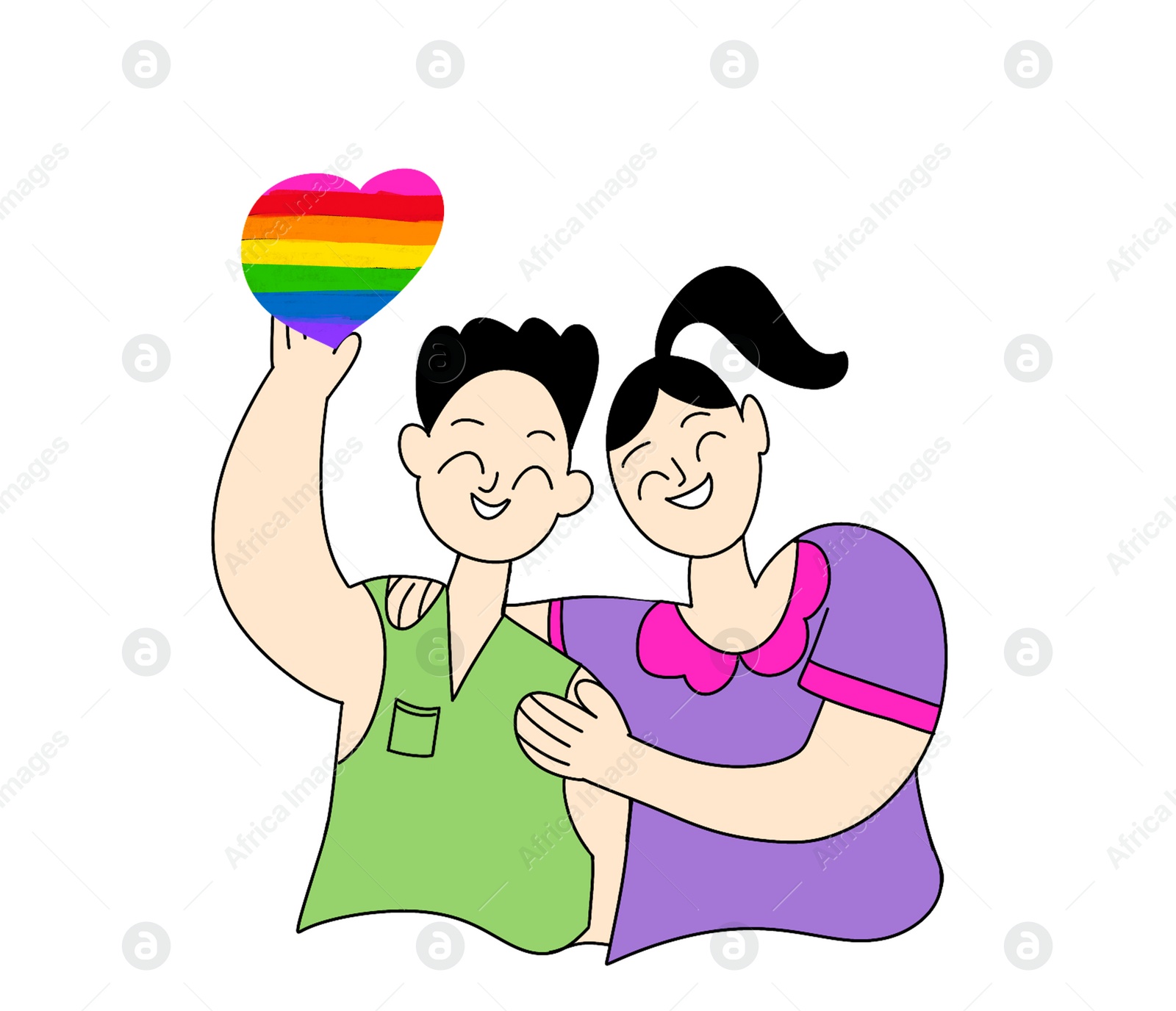 Illustration of Happy same-sex couple with heart in colors of pride flag on white background, illustration