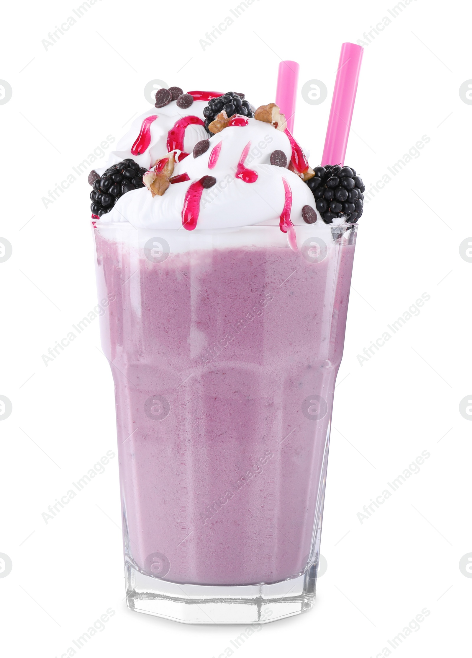 Photo of Tasty blackberry milk shake in glass on white background