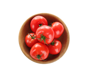 Bowl of fresh ripe organic tomatoes isolated on white, top view