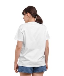 Photo of Woman in stylish t-shirt on white background, back view