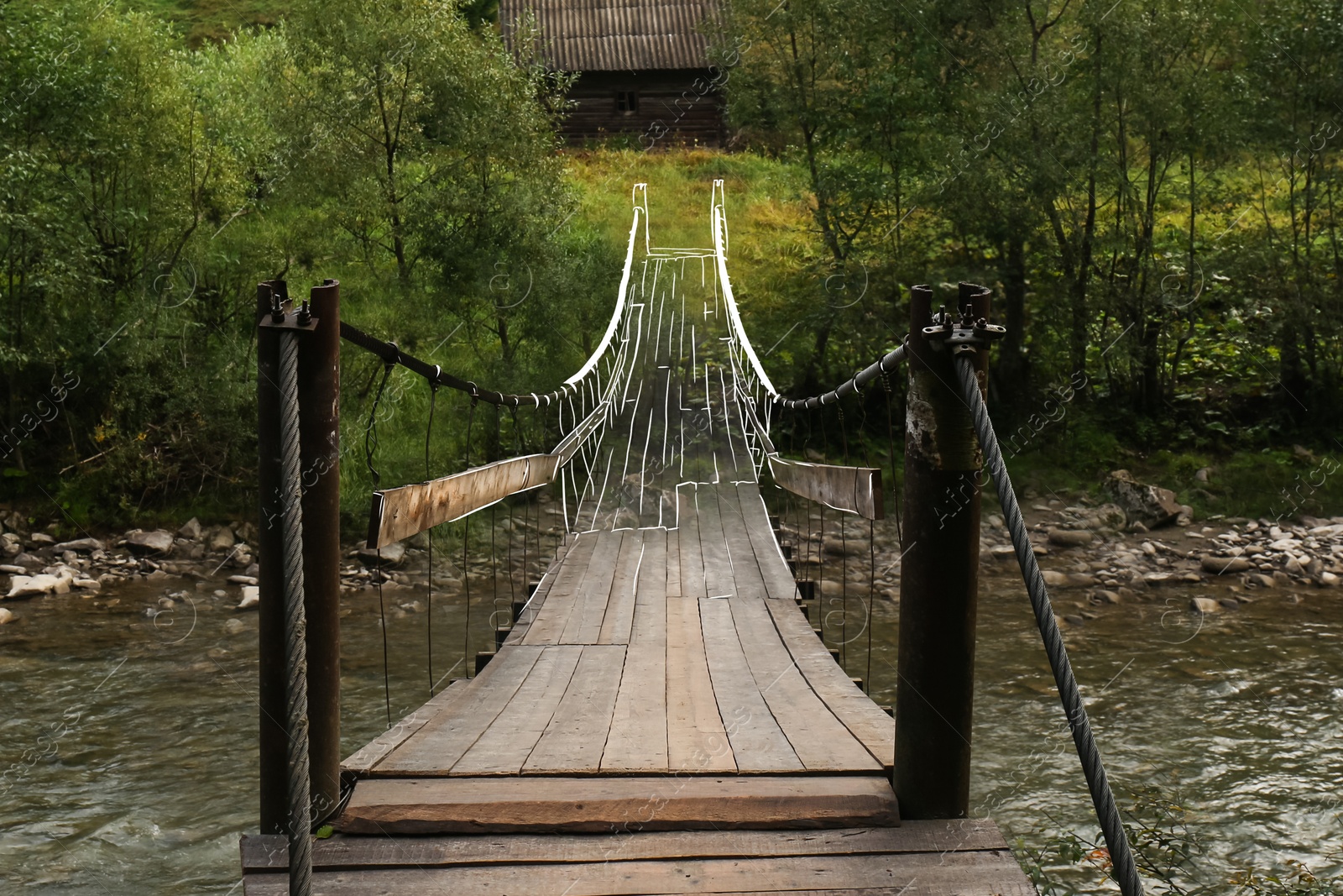 Image of Wooden bridge with drawn part of it over river. Business cooperation concept
