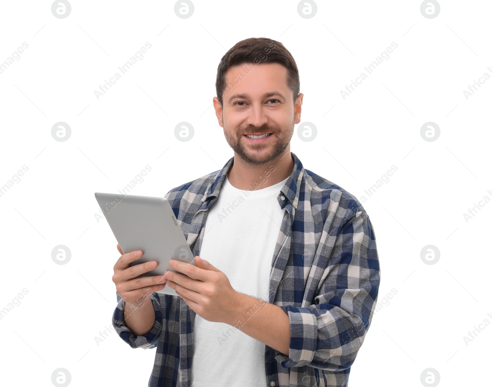 Photo of Happy man with tablet on white background