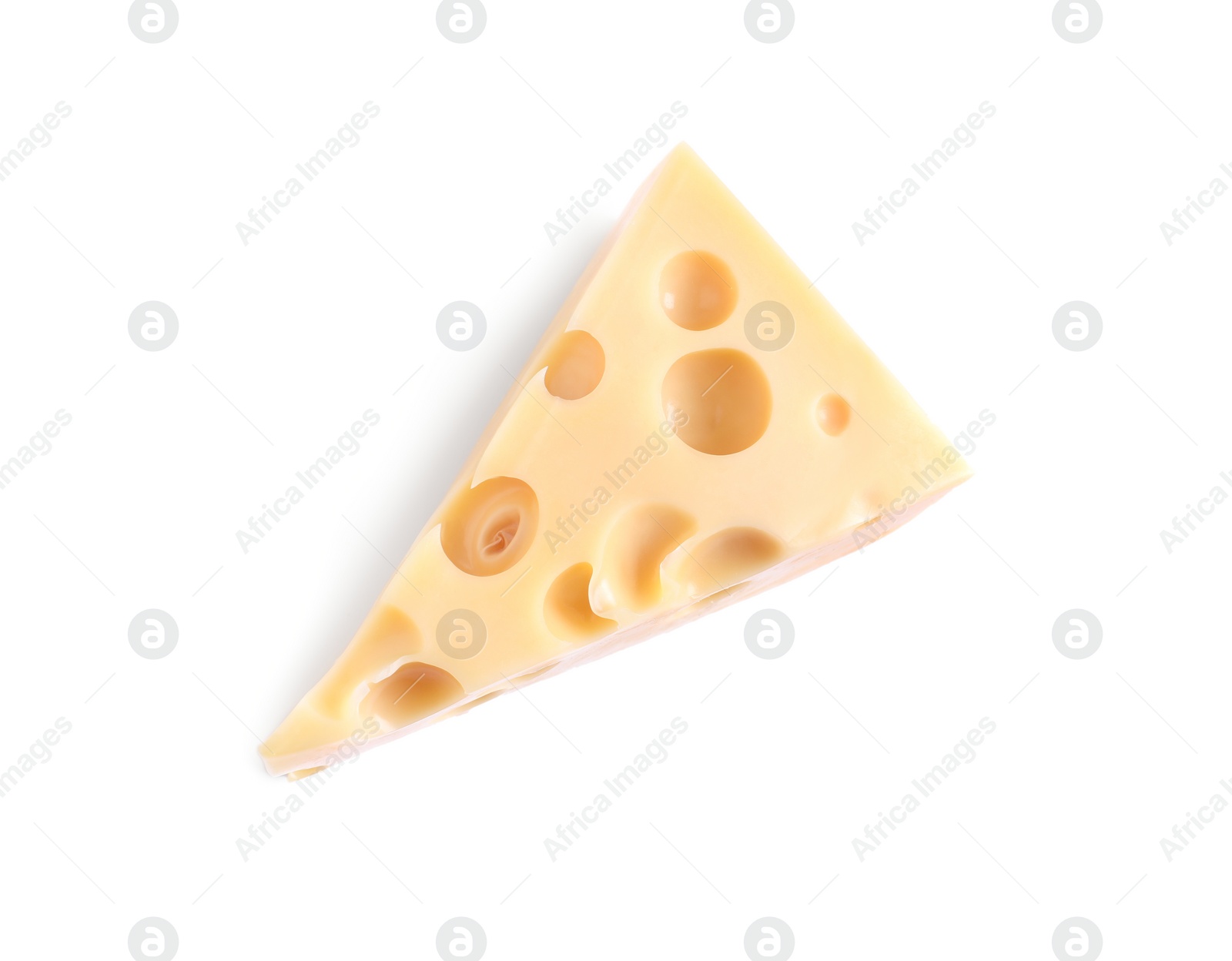 Photo of Piece of cheese with holes isolated on white, top view