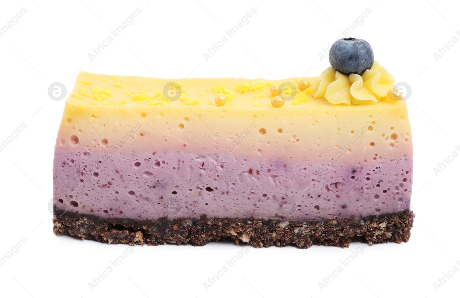 Photo of Piece of delicious cheesecake with lemon and blueberry isolated on white