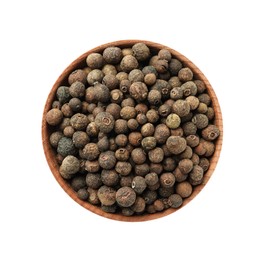 Photo of Bowl of allspice pepper grains isolated on white, top view